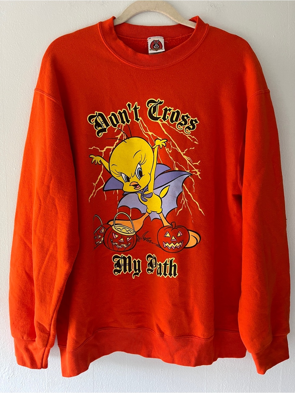 Vintage Warner Bros. Orange Tweety 'Don't Cross My Path' Graphic Crewneck